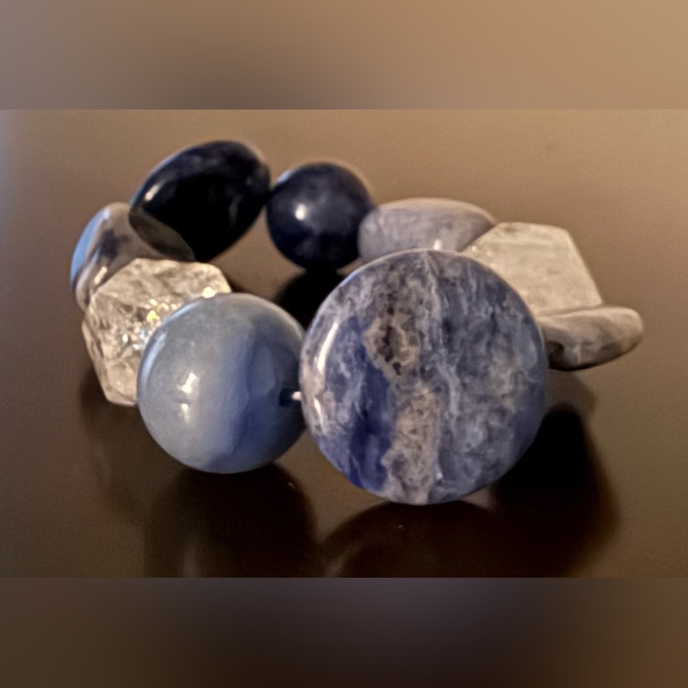 Elegant Blue Stone & Clear Quartz Stretch Bracelet Crystal Bracelet | Boho Luxe - Picture 2 of 4